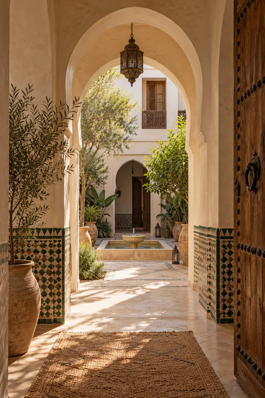A sunlit Moroccan riad with warm plaster arches and geometric zellige tiles.