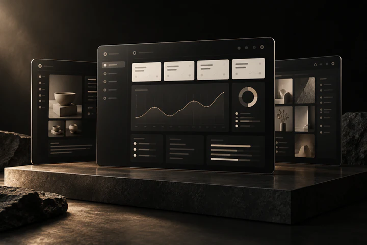 A coordinated product dashboard across three dark interface panels