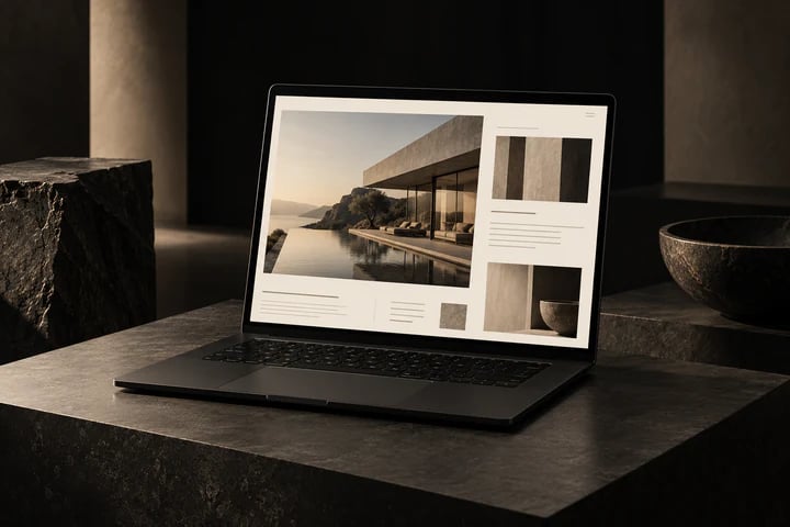An editorial website displayed on a graphite laptop